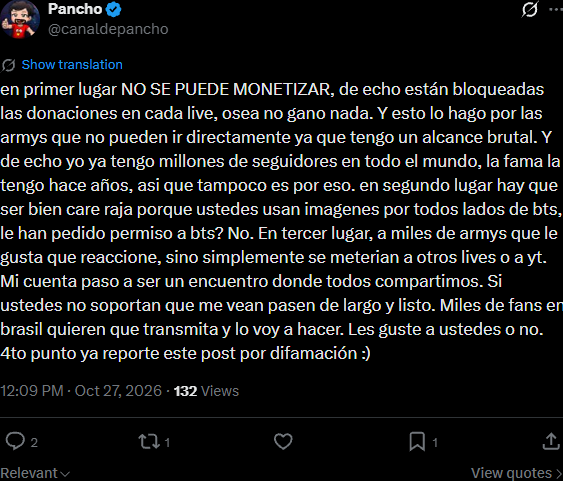 BTS: ARMY pide bloquear el Canal de Pancho y reabre el debate por las reacciones que se vuelven millonarias en redes 1