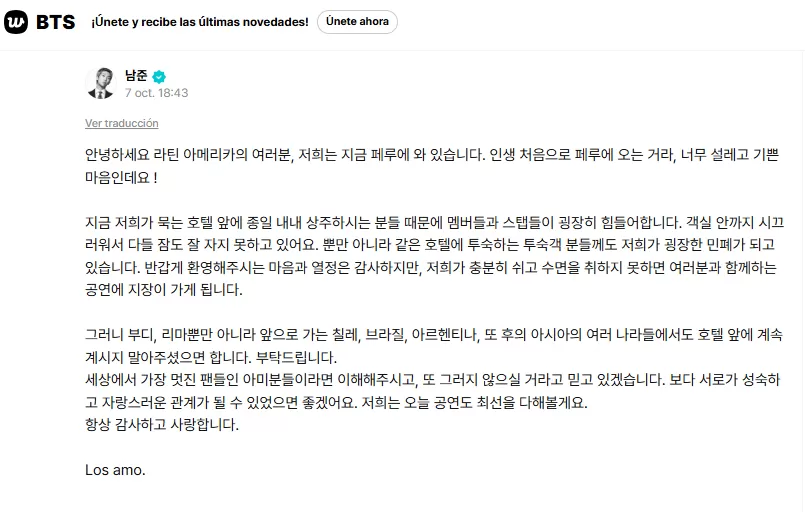 RM de BTS hace especial petición al ARMY chileno antes de sus conciertos en Santiago 1
